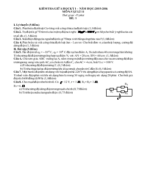 Kiểm tra giữa học kỳ 1  Năm học 2015-2016 môn Vật lí 11 thời gian 45 phút